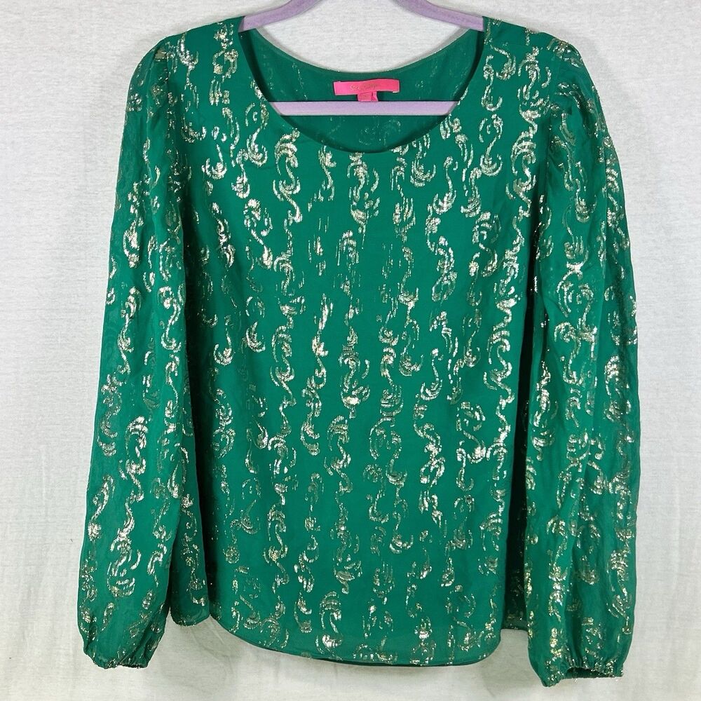 Lilly Pulitzer Miriam Silk Top Green Emerald Chiffon Gold Blouse Size XLarge